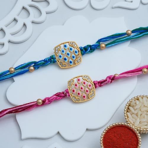 Image of eCraftIndia Pink Blue Designer Rakhi Set of 2 | Rakhi for Brother Bhaiya Bhai with Best Bro Ever Fridge Magnet | Roli Chawal Pack
