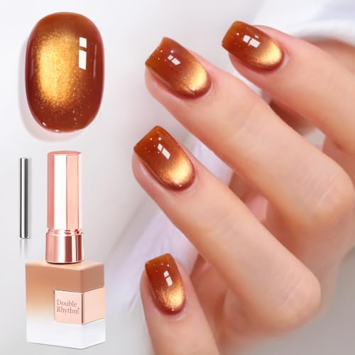 Double Rhythm 0.5 OZ Cat Eye Gel Polish with Magnet 15ML Holographic Glitter Shimmer Translucent Jelly Color Magnetic Nail Polish Salon DIY at Home (Bronze Brown-MC1334)