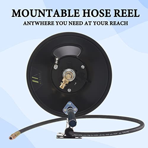 M MINGLE High Pressure Washer Hose Reel 150ft, Heavy Duty Steel Hose Reel, Manual Crank Power Washer Hose Reel with 3/8\" Pressure Wash Whip Hose, Swivel Arm and Mounting Bracket, 4000 PSI