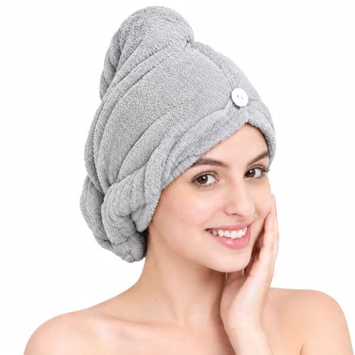 Image of Hair Towel Wrap for Women-Quick Drying Microfiber Towel for Hair with Elastic Loop for Tying-Super Absorbent Head Towels Wrap for Ladies Hair Turban (Pack of 1,Grey)
