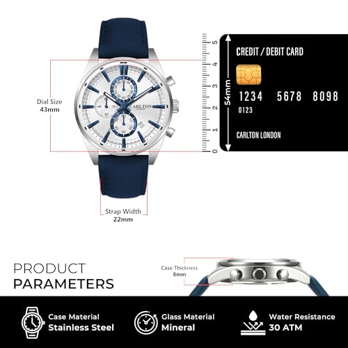 Image of Carlton London Windsor Men Analog Watch, Round Dial, Leather Strap, Quartz Movement, 43 mm Case, Slim Design, Lightweight Comfort, 30M Water Resistant, Casual Formal Wear