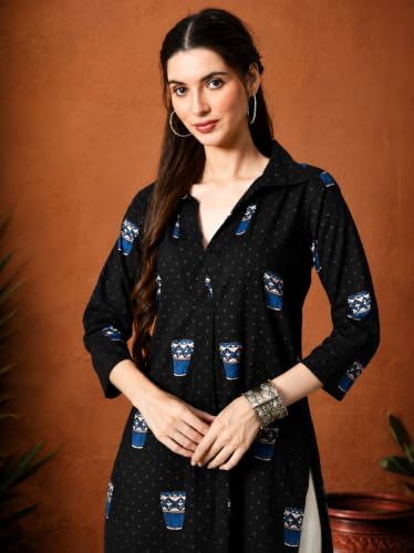 Image of Amazon Brand - Tavasya Women Ethnic Motifs Printed 3 /4th Sleeve Kurta | Straight Fit Shirt Collar Salwar | Everyday Ethnic Wear