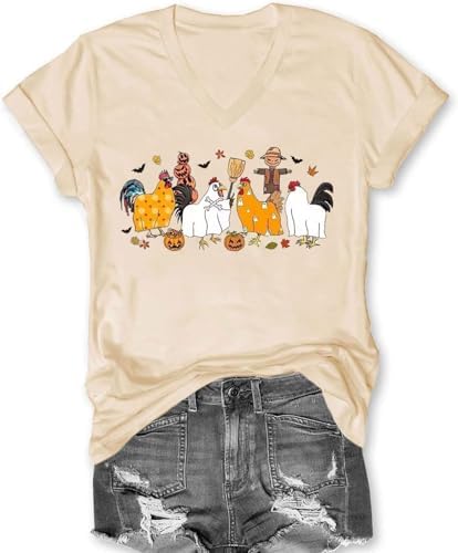 Halloween Ghost Chicken T Shirt Women Chicken Lover V Neck Shirts Funny Fall Graphic Tee Holiday Short Sleeve Shirts Tops(Beige1-M)
