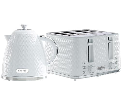 Daewoo Argyle Jug Kettle & 4 Slice Toaster Set, 1.7L 3KW Rapid Boil Stylish Textured Design, Removable Filter, Reheat & Defrost Functions, Perfect for Modern Kitchens, White
