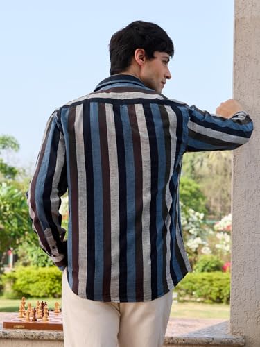 Image of The Souled Store Cotton Linen Stripes: Apricot Men and Boys Long Sleeves Collared Neck Orange Stripes Regular Fit Lightweight Comfortable Summer Cotton Linen Shirts