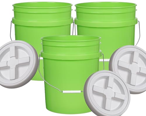 House Naturals 5 Gallon Lime Color Buckets- Pack of 3- Made in USA (5 Gallon, 3, Lime - White lids)