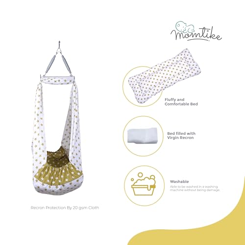 Image of Baby Cradle Swing for Newborns | Cotton Fabric Filled with Recron Fibre | Hanger Spring, Mosquito Net & Mattress with Insert Pocket | Jhoola, Thottil, Joli, Jokali, Onjal-Lt Mehendi