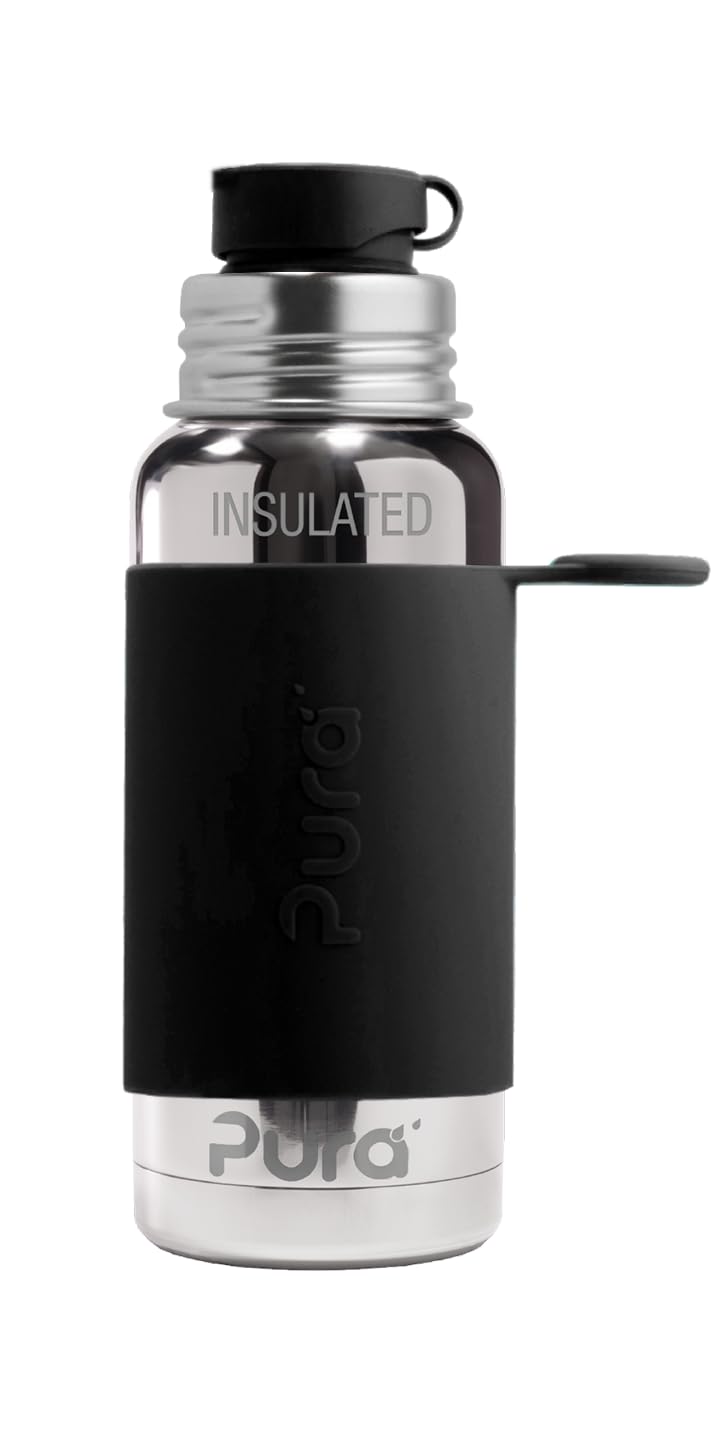 Pura Sport 16oz/473ml Insulated Bottle w/Sleeve & Silicone Big Mouth Top - Stainless Steel, Warm & Cold, Leak-Proof & Spill-Proof for Kids, Toddlers,