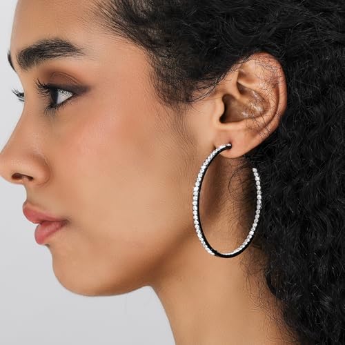 Large Hoop Earrings for Women Black Earrings Silver Crystal Hoop Earring 14K Gold Plated Rhinestone Earrings Big Cubic Zirconia Hoop Earrings Party Dance Fashion Hypoallergenic Jewelry Gift for Her 40/50/60 mm Sparkly Hoops With Crystals for Womens4