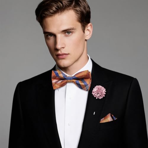 Image of Hi-Tie Bow Ties for Men Pre-Tied Pocket Square with Cufflinks Mens Bowtie Sets for Wedding Formal Party