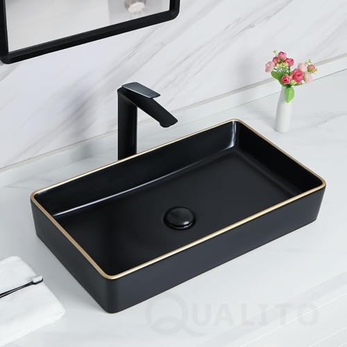 Image of QUALITO Black Golden Table Top Wash Basin for Bathroom, Living Room, Hall, Dinning Room | Big Size Ceramic Vessel Sink /Basin | Matt Finish Black Vanity Basin (24x14x5 Inch)