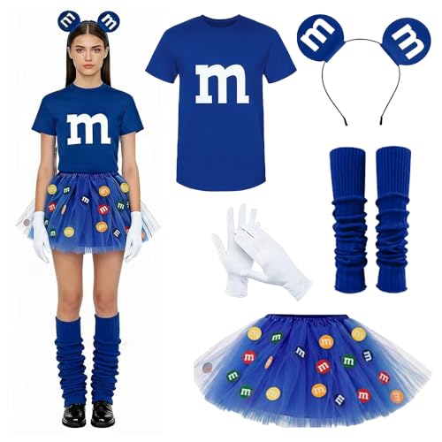Yiantai M Kostüm Damen Karneval M Kostüm M Aufdruck T-Shirt M Faschingskostüme Damen M Tüllrock mit Handschuhe Stirnband Filz Buchstabe Karneval Kostüm MM Outfits für Faschings (Blau XL)