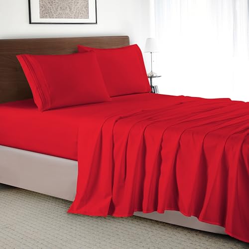 Elegant Comfort Luxury 4-Piece Bed Sheet Set - Luxury Bedding 1500 Premium Hotel Quality Microfiber, Wrinkle Resistant Cool & Breathable, Easy Elastic Fitted, Queen, Red