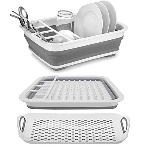 Collapsible Drying Dish Storage Rack, Dish Drainer Dinnerware Basket with Silicone Drying Mat for Kitchen Counter RV Campers Portable Dinnerware Organizer