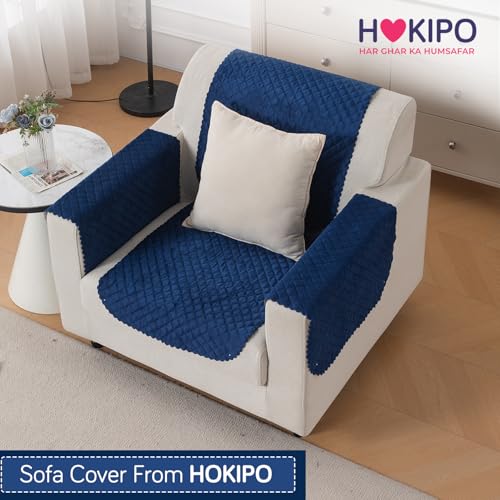 Image of HOKIPO Quilted Sofa Cover 1 Seater for Seat & Back, Washable Kids & Pet Friendly Sofa Cover, 'Quilt Classic' Navy Blue (IN-925-NBL*2)