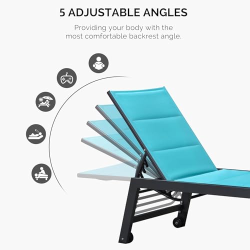 Image of PURPLE LEAF Outdoor Lounge Chairs Aluminum Chaise Lounge Set of 2 Patio Chaise Lounge Chairs with Wheels and Side Table for Poolside Backyard Outside Turquoise Blue