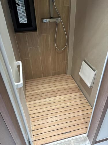 Plataforma de baño de madera de teca, taburete de ducha antideslizante, asiento de spa resistente, alfombrilla de baño de madera maciza natural con ranuras de drenaje para uso interior y exterior.