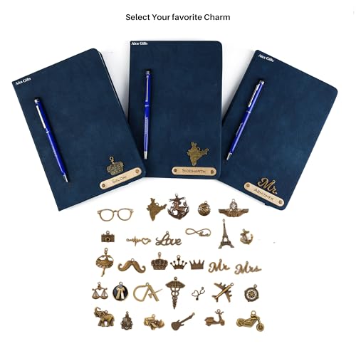 Image of AICA Personalized Name & Charm Magnetic Stick Leather (Navy Blue) Diary A5 Size 180 Pages & Roller Pen | Customized Corporate Gift for Men Women | Diwali Gifts for Family and Friends | Diwali Gift