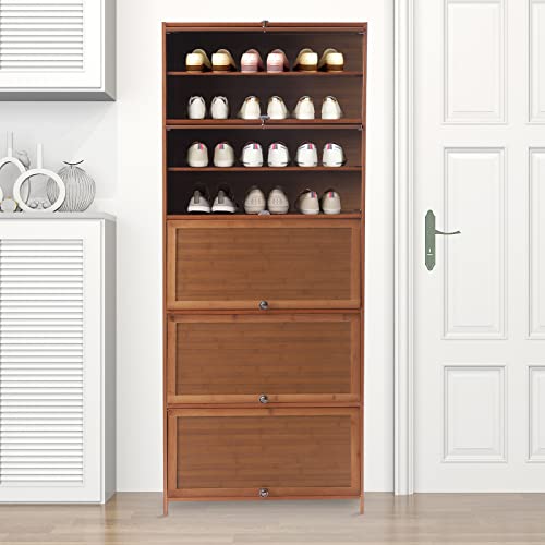 Hteedy 67 Inch 10-Tier 30 Pair Bamboo Shoe Rack Cabinet Wooden Shelf Stand Storage Book Shelf Organizer Entryway Bamboo Shoe Storage Cabine Magnetic Flip-Up Door #TOP9