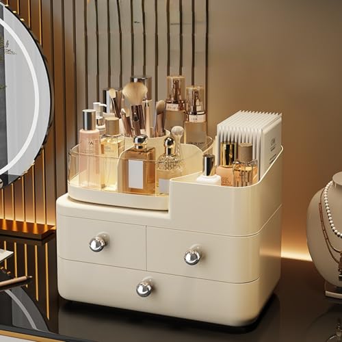 Makeup Organizer with Drawers Rotating Skincare Countertop Organizer for Vanity with Makeup Brush Holder Cosmetic Display Case Storage