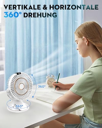 COZII Mini Ventilator, USB Ventilator Leise Clip Ventilator mit LED-Anzeige, 720° Drehung & 5 Geschwindigkeiten, 16cm Tragbarer Ventilator für Zuhause, Büro, Kinderwagen, Outdoor (Weiß) 3
