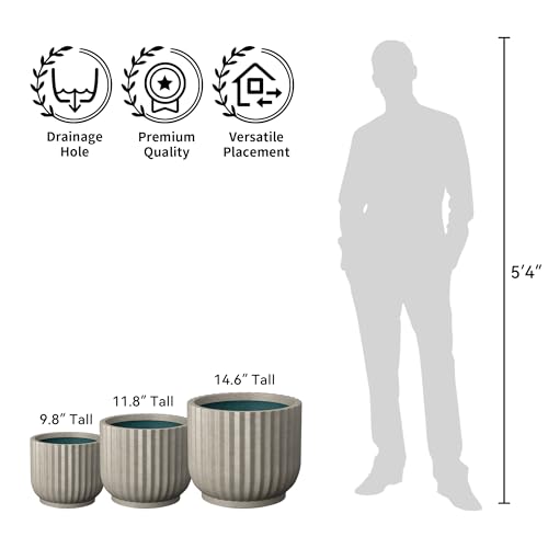 Kante Round Fluted Planter, 14 Inch Dia Large Concrete Plant Pots with Drainage Hole and Rubber Plug, Modern Decor for Indoor Outdoor Plants, Flower, Weathered Finish with Painted Interior by Kante - Image 7