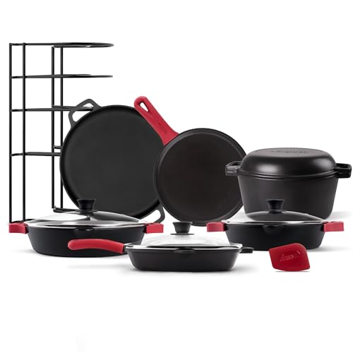 Comparison: Best Cast Iron Griddle Set 5 Cuisinel Cast Iron 18-Piece Preseasoned Cookware Set: 10"+12" Skillets w/Lids + 5-Qt Dutch Oven + 10.5" Square Grill Pan w/Lid + Pizza Pan + Round Griddle + 15" Organizer +Scraper + Silicone Handle