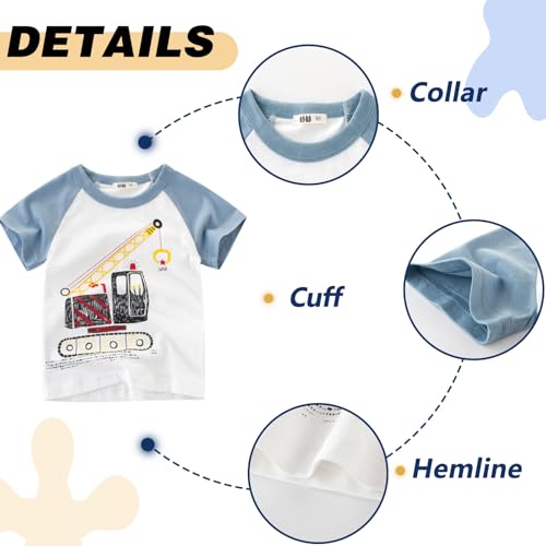 Tshirt Kinder Jungen Kurzarm Cartoon Bagger T-Shirt 3er-Pack Kleinkind Jungs Baumwolle Atmungsaktiv Sommer Oberteile 5 Jahre Grau+Weiß+Blau 5T/120