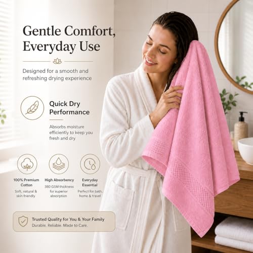 Image of 100% Pure Cotton Bath Towel for Men & Women | 380 GSM Ultra Soft, Highly Absorbent & Quick Dry Bath Towel | Large 55 x 28 Inch Matty Terry Towel for Bathroom, Gym, Travel & Daily Use | Baby Pink