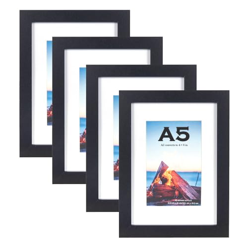 Scholar Tree Black A5/21X14.8cm Photo Frames Set of 4, Wooden Picture Frames for Freestanding and Wall Mountable