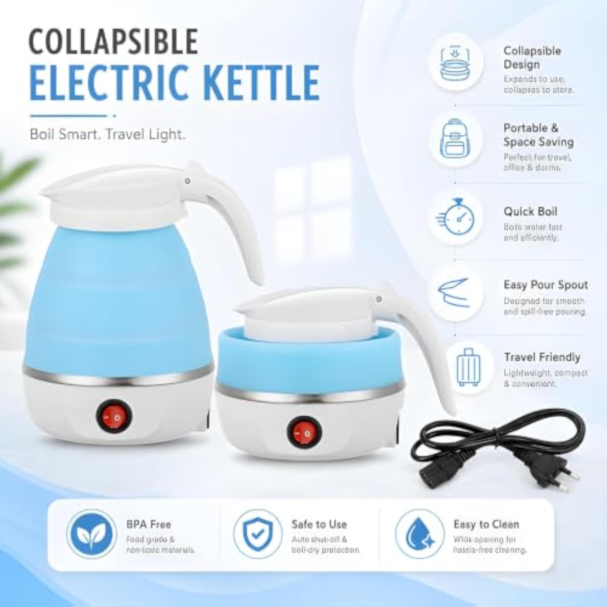 Portable Foldable Electric Kettle, 600ML with Fast Heating