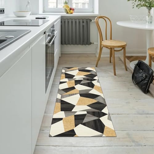 Alfombra para pasillo de 80 x 100 cm, diseño de retazos negro, amarillo y gris lavable 5