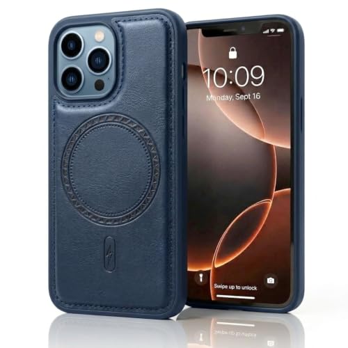 Image of amazon basics Premium PU Leather Case for iPhone 13 Pro, MagSafe Compatible Magnetic Ring, Sleek Protective Back Cover - [Blue]