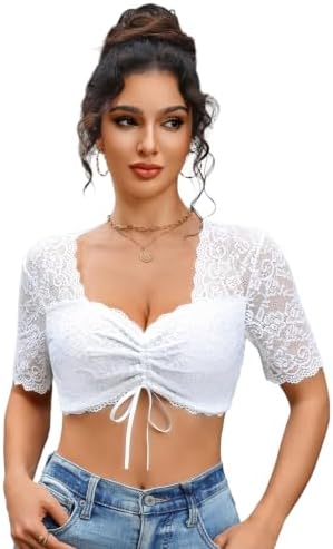 Zeagoo Dirndl Bluse Damen Spitze Dirndlblusen Kurzarm Trachtenbluse | Dirndlbluse Weiß | Dirndl Bluse Schwarz | V-Ausschnitt Trachtenblusen | Dirndl Blusen mit Kordelzug | Oktoberf