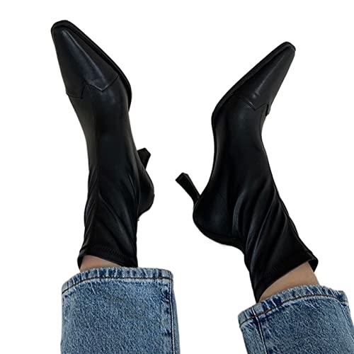 Bottes d'hiver pour femmes bottines stiletto noires bout pointu en cuir PU