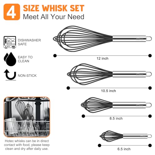 Image of HOTEC 4 Pieces Silicone Whisks Set, Wire Balloon Whisks for cooking Egg Beater, Non-slip Handle Whisk for Non-stick Cookware Perfect for Cooking, Stirring, Beating and Blending,Black