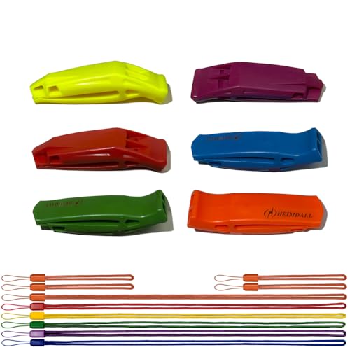 HEIMDALL Emergency Whistle with Lanyard (6 Pack) for Safety Boating Camping Hiking Survival Rescue Signaling (Red, Yellow, Green, Orange, Blue, Purple)