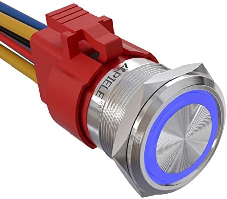 APIELE 10 Amp 22mm Latching Push Button Switch 12V Angel Eye LED Waterproof Stainless Steel Round Self-Locking 7/8'' 1NO 1NC 1 Pack (10 Amp/Blue Led)