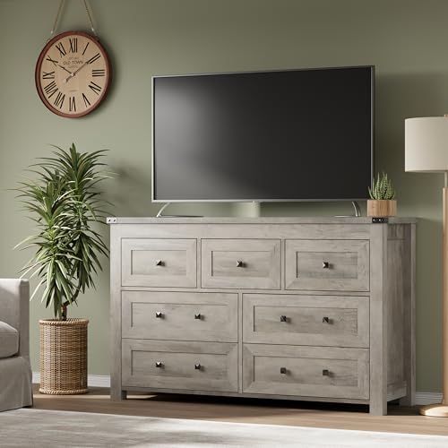 Image of BORNOON 7-Drawer Dresser, Modern Wooden Storage Chest of Drawers, Dresser TV Stand, Wood Drawer Organizer with Metal Handles for Bedroom, Living Room, Hallway
