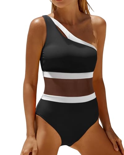 Holipick Women'S Black And White One Shoulder One Piece Swimsuit Cutout Bathing Suits Mesh Slimming Swimwear For Teen Girls Medium cover