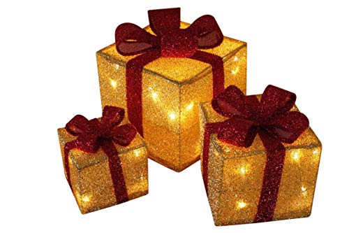 Garden Market Place NOW REDUCED!! - Set of 3 Light Up Christmas Gold Parcels with Red Bow (025) - With Battery Powered LED Lights