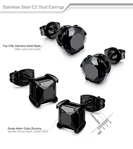 Besteel 2 Pairs Stainless Steel Mens Womens Cz Stud Earrings Pierced Earrings Black 20G 7Mm #TOP1