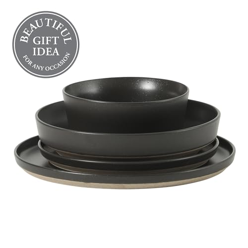 Image of Gibson Elite Overbrook 16-Piece Pottery Clay Stoneware Dinnerware Set - Black Reactive Glaze, Stackable Plates and Bowls W /Pasta Bowl, Service for 4 - Microwave & Dishwasher Safe