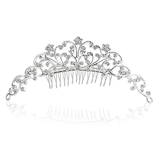 Vine Flower Design Crystal Tiara Comb - Silver Plating Clear Crystal T795
