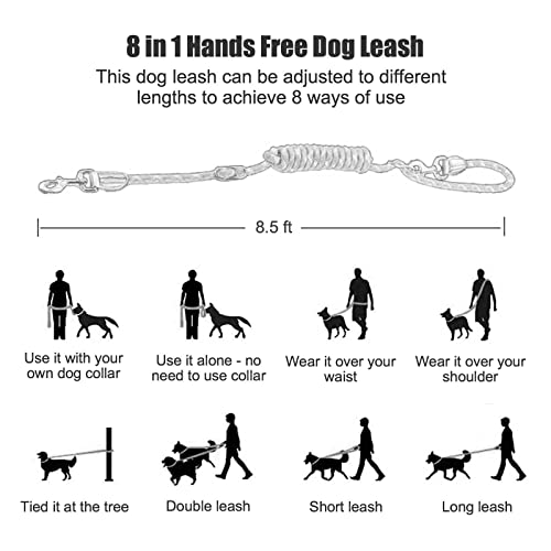 Hands Free Dog Leash(8.5Ft), 8 In 1 Multifunction Nylon Double Leash For Dogs,1.2Cm Dog Training Leash With Reflective Stitching, Adjustable Waist Dog Leash Fits All Waist For Medium Large Dogs-Grey #TOP3