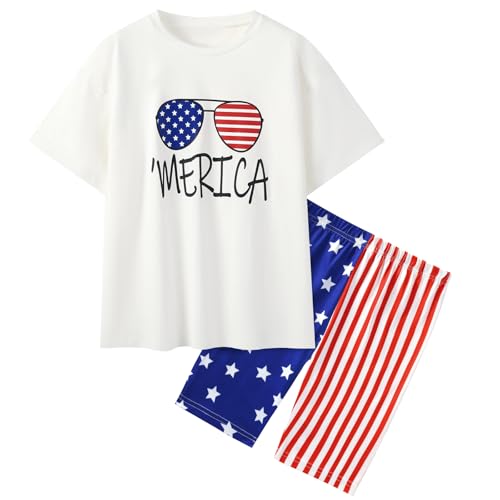 Image of Weixinbuy Girls 4th of July Outfit 2 Piece Short Sleeve Oversized T-Shirt and Biker Shorts Kids Fashion Summer Colothes Set