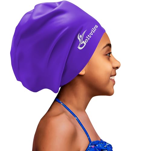 Extra Large Swim Cap for Kids Black Girls Aged 4 to 16 with Long Hair Braids Dreadlocks, Waterproof Silicone Swimming Hat Turban Hair Protection for Boys Toddler Children Youth