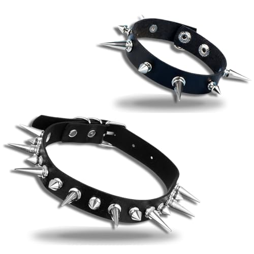 HUSHRICH 2Pcs Punk Spiked Choker and Bracelet Set, Adjustable Black Goth Necklace Collar PU Leather Spiked Goth Choker Collar for Women Halloween Costume 80s 90s Punk Jewelry Accessories