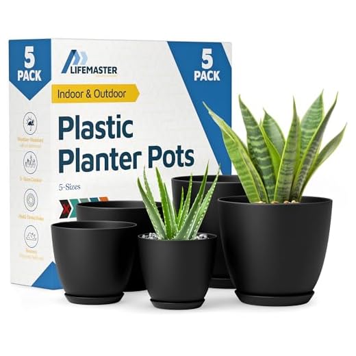 Lifemaster Plant Pots with Multi Drainage Holes - 5 Pieces Versatile, Sturdy Plastic, Stackable Design Home Decor Flower Pots for Indoor and Outdoor Gardening - Black
