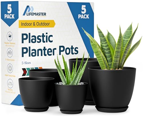Lifemaster Plant Pots with Multi Drainage Holes - 5 Pieces Versatile, Sturdy Plastic, Stackable...